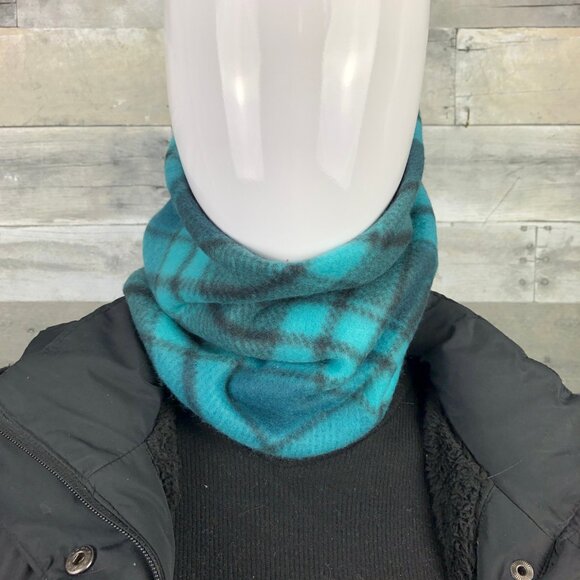Turquoise teal black Plaid Tartan Snood gaiter neck warmer fleece Scarf Tube - Picture 1 of 9